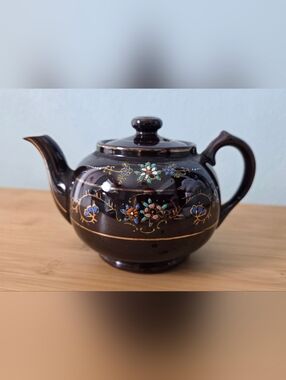 Vintage Japanese Redware Teapot Brown Betty Moriage Enamel Hand Painted Art Deco